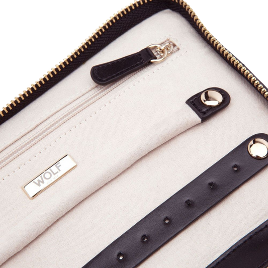 Crafted with a refined silhouette, the black Wolf Caroline Jewellery Portfolio combines classic styling with modern practicality, finished with a smooth zip closure and luxurious textured exterior for everyday sophistication.