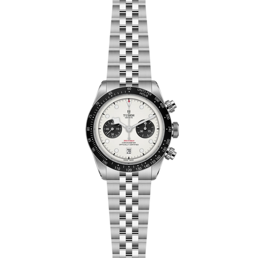 full view of Tudor chronograph showing the complete stainless steel bracelet and balanced sporty case design
