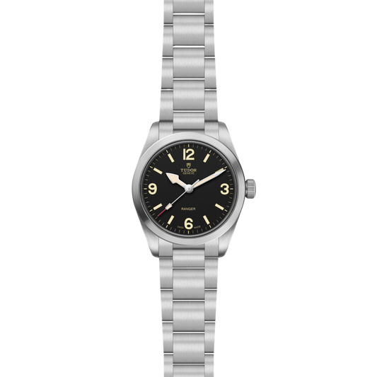 full view of Tudor Ranger highlighting the brushed steel bracelet and clean case proportions