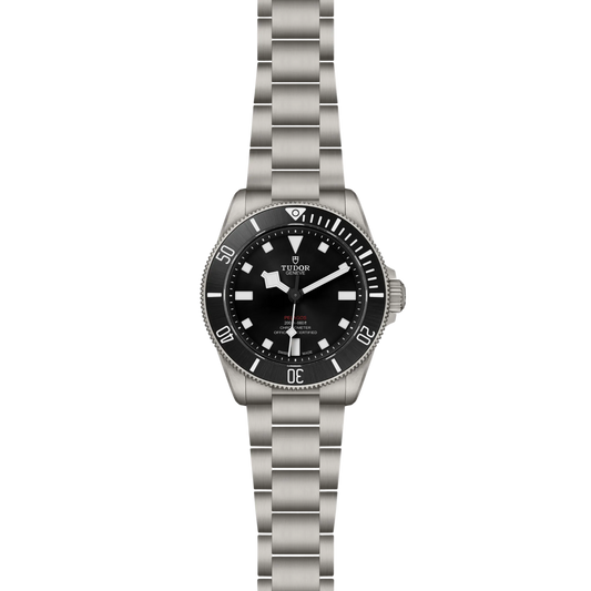 full view of Tudor Pelagos showing the entire titanium bracelet and overall watch proportions