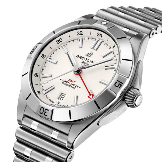 Breitling Chronomat GMT white dial watch stainless steel bracelet red GMT hand