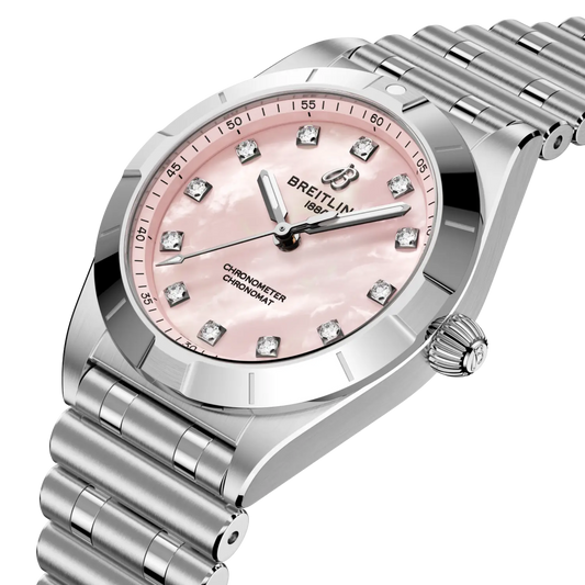 side view of Breitling Chronomat Automatic showing steel case crown and polished bezel detail