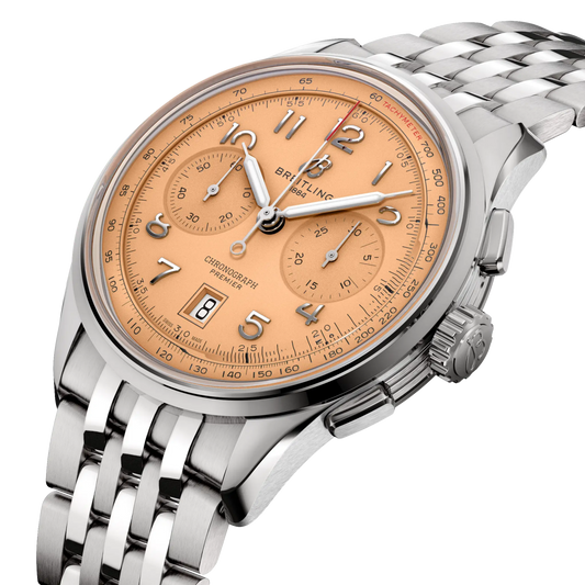 side view of Breitling Premier Chronograph showing stainless steel case pushers crown and polished bezel