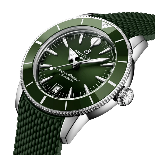 side view of Breitling Superocean stainless steel case showing the slim profile and polished crown detailing