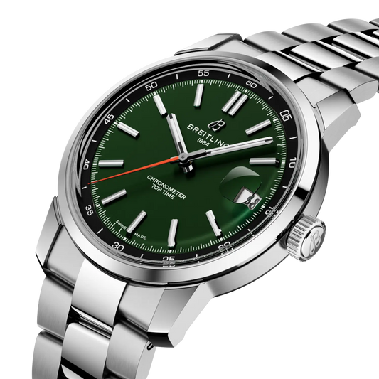 side view of Breitling Top Time stainless steel case with smooth bezel and crown detail