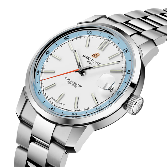 side view of Breitling Top Time stainless steel case with polished bezel and crown detail