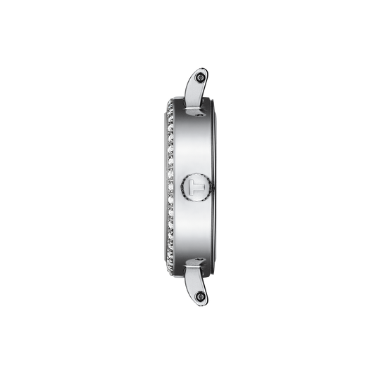 side profile of the case showcasing the ultra-slim silhouette, polished finish, and finely detailed bezel set with stones for added elegance