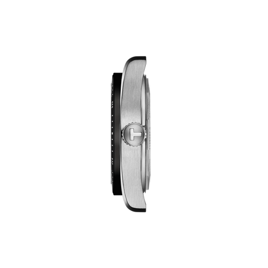 side profile of the stainless steel case showcasing the brushed finishing, slim automatic profile, and detailed crown design that enhance the retro racing-inspired aesthetic