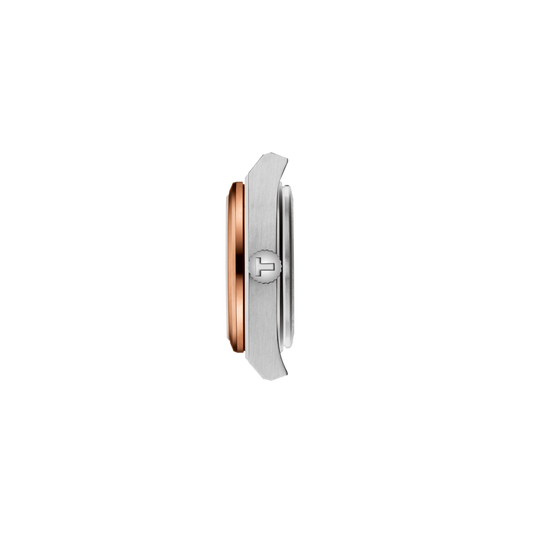 side profile of the case showcasing the ultra-slim construction, brushed steel finish, and contrasting polished rose gold bezel for a refined edge