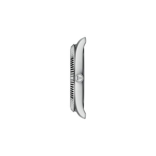 side profile of the stainless steel case showcasing the polished bezel edges, slim silhouette, and detailed crown design that enhance the watch’s refined appearance