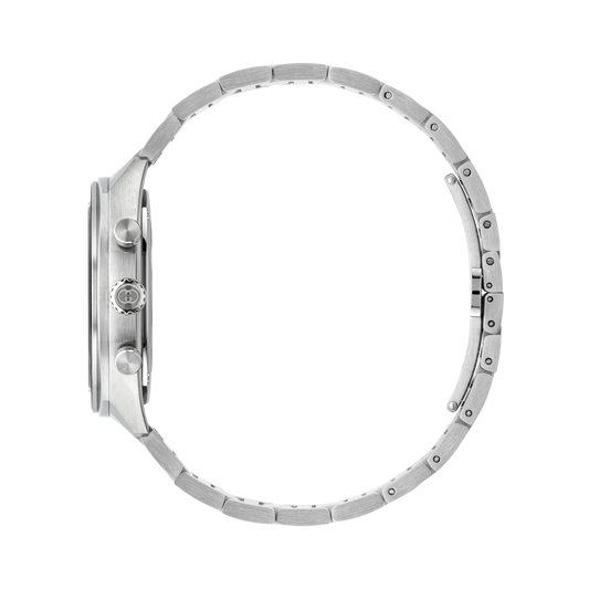 side profile of the Gucci chronograph watch highlighting the angular stainless steel case, chronograph pushers, signed crown, and brushed bracelet links