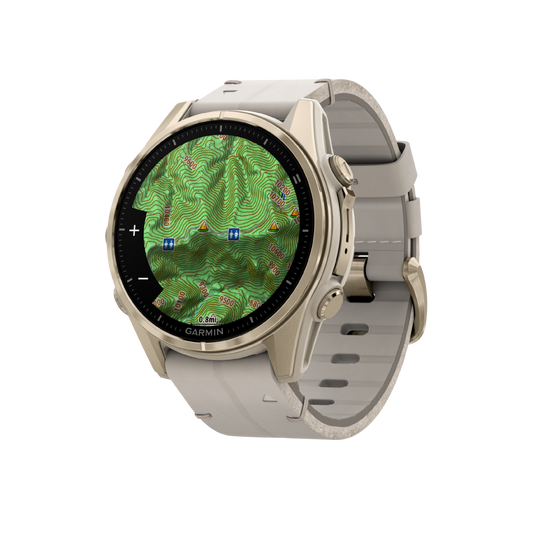 side profile of the Garmin Fenix smartwatch highlighting the rugged case construction, textured control buttons, and flexible silicone strap built for active performance