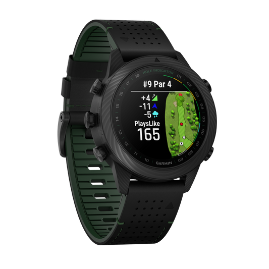 side profile of the Garmin smartwatch highlighting the lightweight forged carbon construction, slim athletic case design, and perforated performance strap built for comfort during activity
