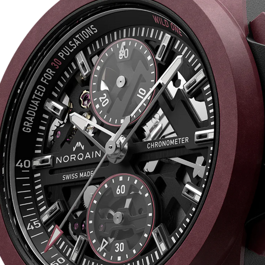 Designed to push boundaries, this 42mm Wild ONE Skeleton Chrono pairs an eye catching burgundy finish with an ultra light, shock resistant case. Its skeleton dial showcases the mechanical movement at the heart of the watch.