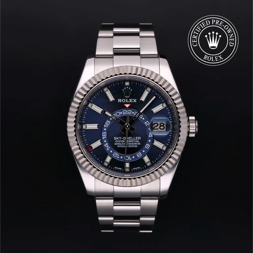 Rolex Certified Pre-Owned Sky-Dweller 42mm in Oystersteel, featuring a bright blue dial, baton hour markers, rotatable fluted bezel and classic Oyster bracelet.