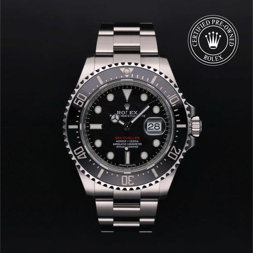 Pre-owned Rolex Sea-Dweller 43mm in Oystersteel, featuring an intense black dial, black rotatable bezel and classic Oyster bracelet.