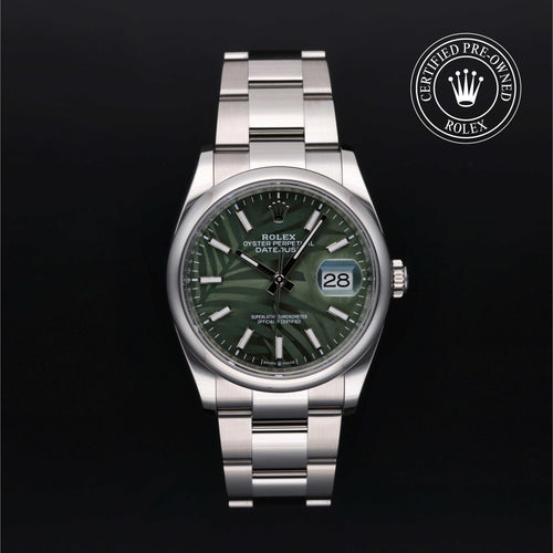 Rolex Certified Pre-Owned Datejust 36mm in Oystersteel, featuring an olive green dial, fixed domed bezel and classic Oyster bracelet.