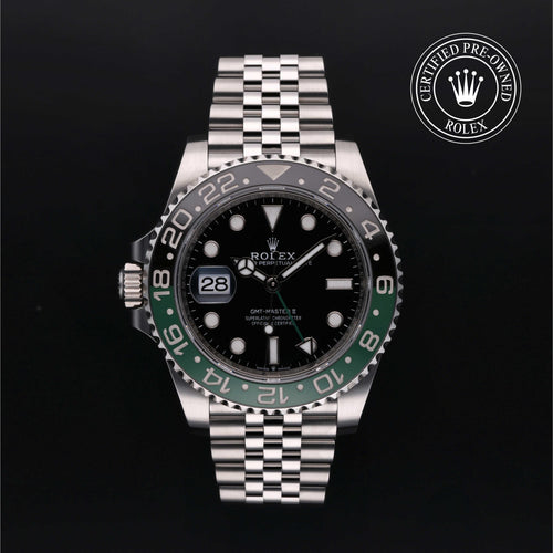 Rolex Certified Pre-Owned GMT-Master II 40mm in Oystersteel, featuring a black dial, 24-hour rotatable bezel and classic Jubilee bracelet.