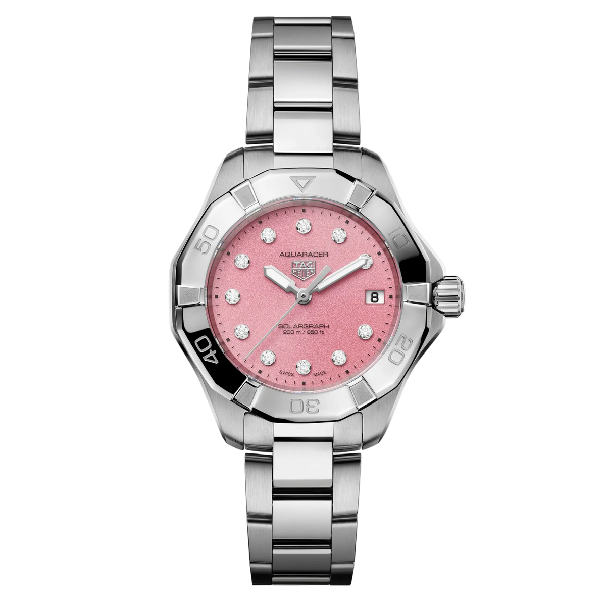 TAG Heuer Aquaracer Solargraph watch with pink textured dial, diamond hour markers, date window at 3 o’clock, steel bezel with black accents, and stainless steel bracelet