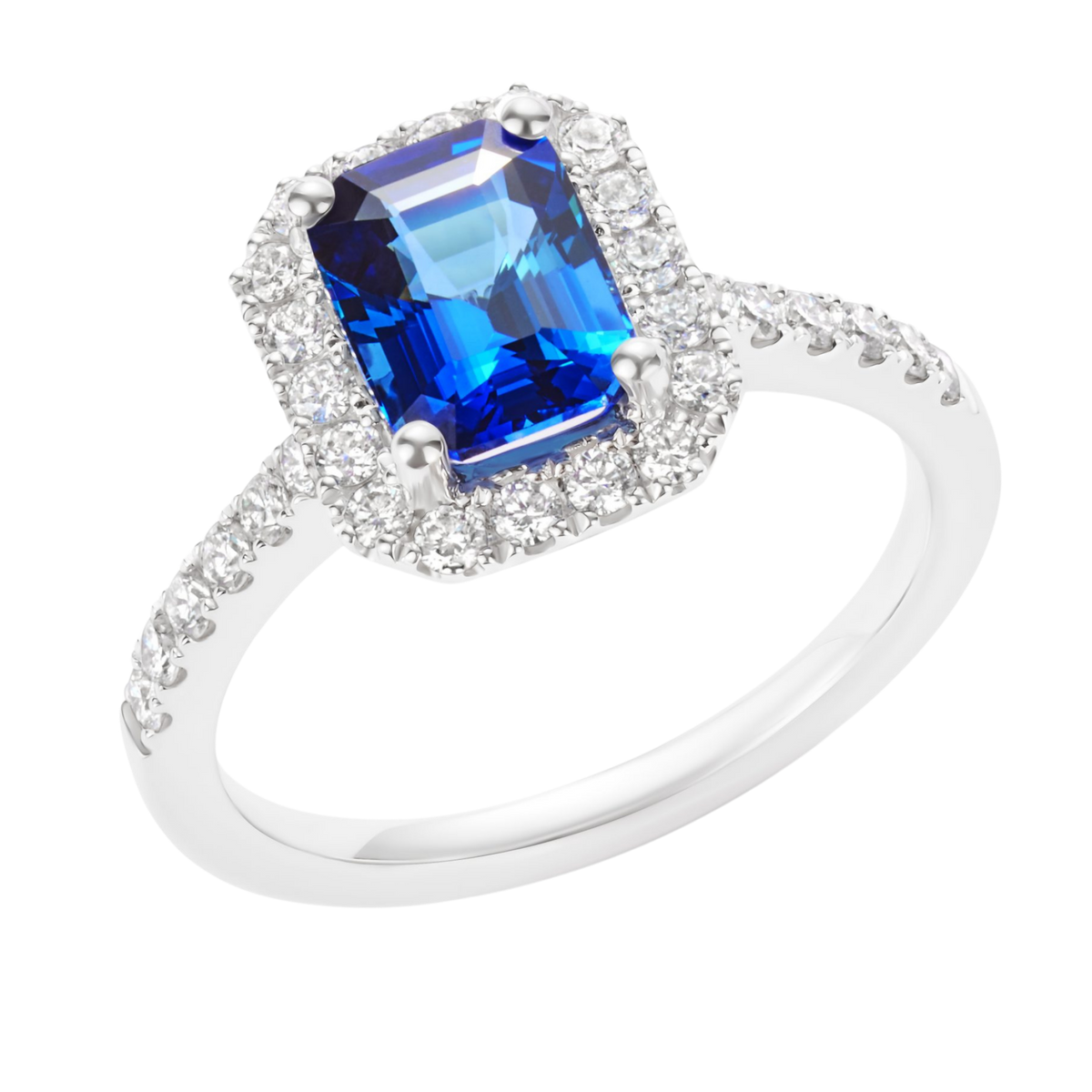 Emerald Cut Blue Sapphire and Diamond Cluster Ring in Platinum On A Transparent Background