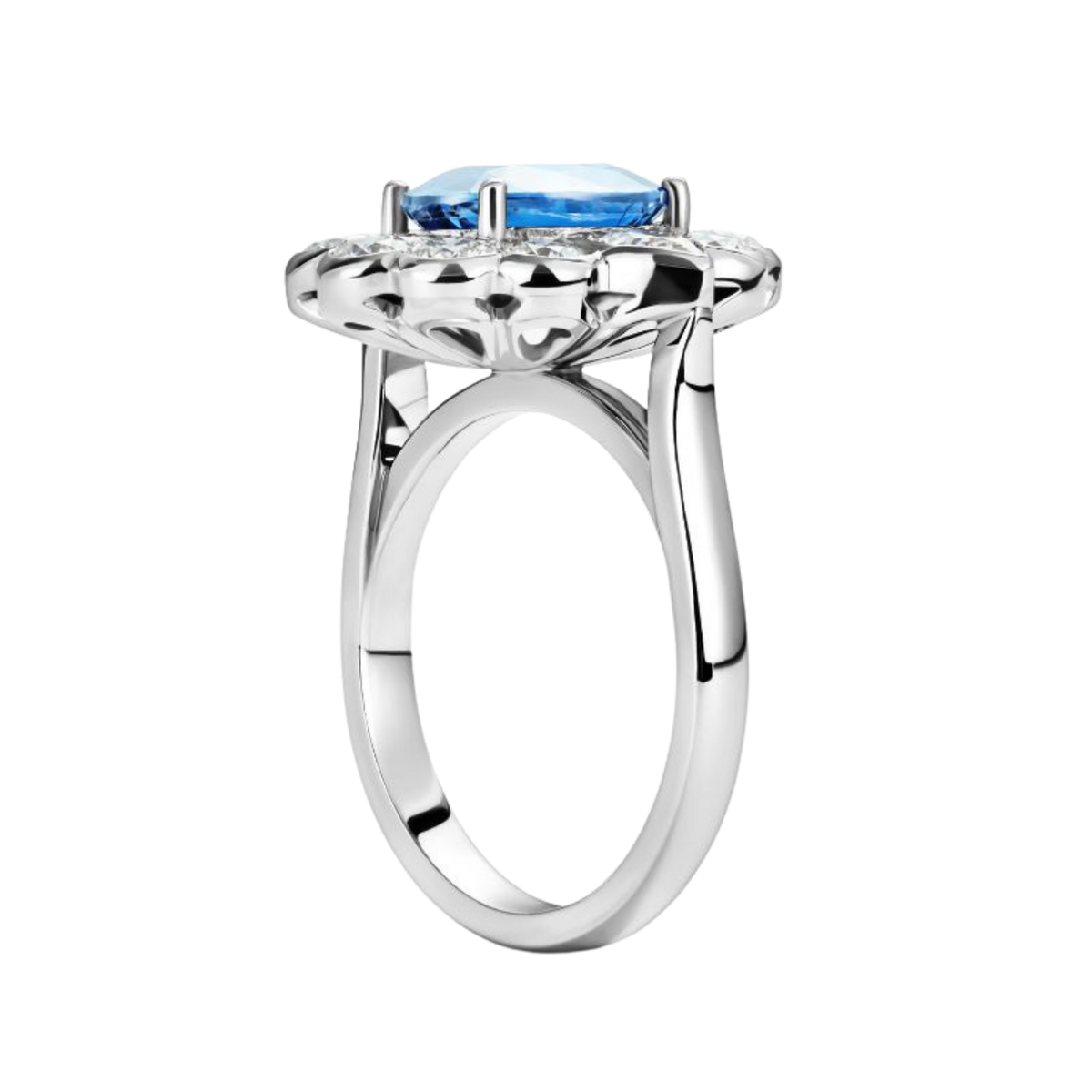 Oval Cut Sapphire and Diamond Cluster Ring in Platinum Side View