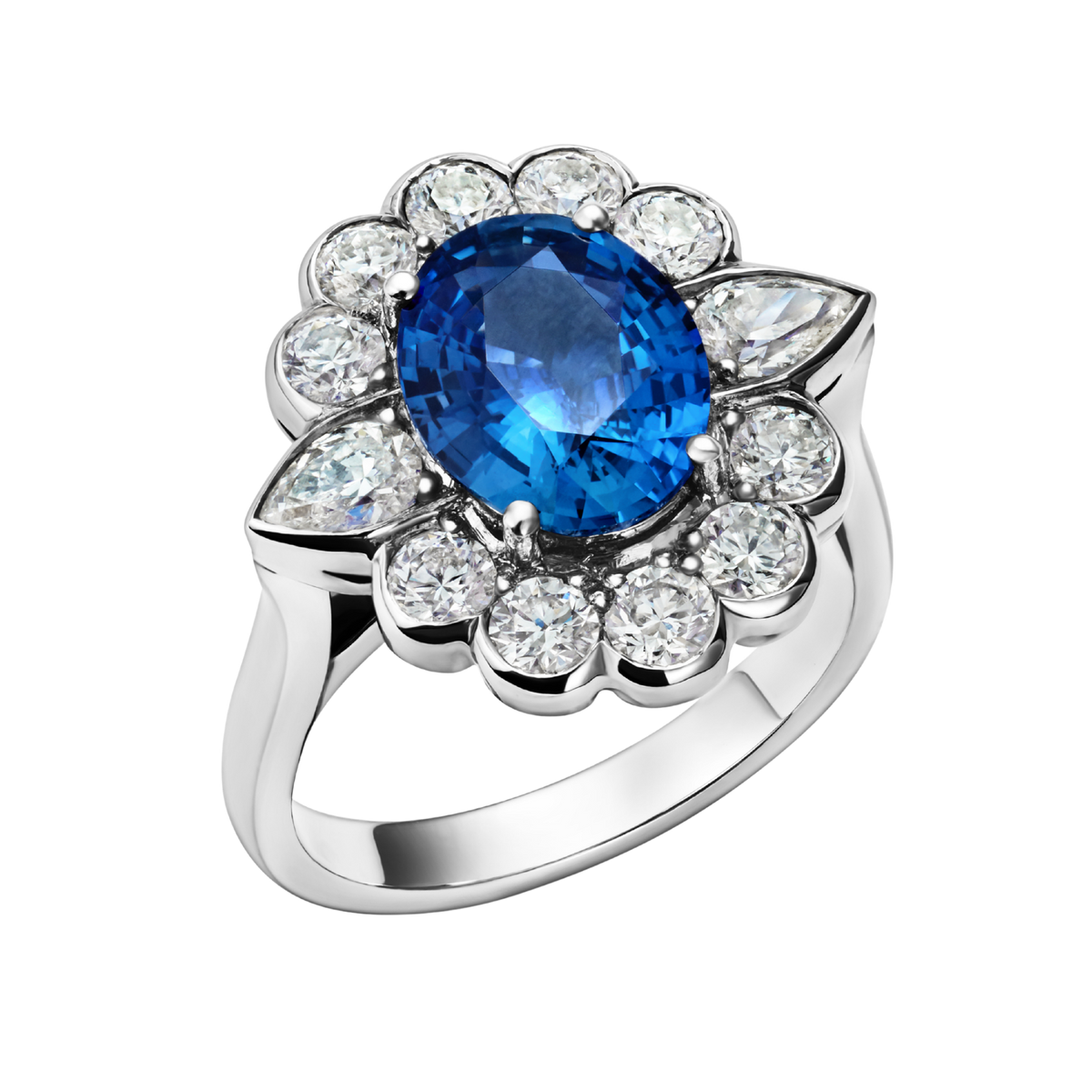 Oval Cut Sapphire and Diamond Cluster Ring in Platinum on a Transparent Background
