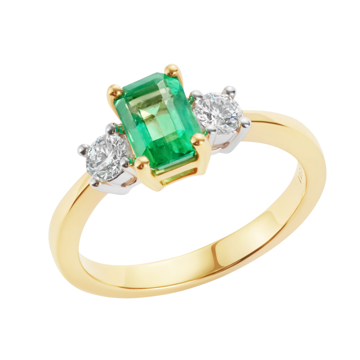 Emerald and Diamond Three Stone Ring in 18ct Yellow Gold On A Transparent Background 