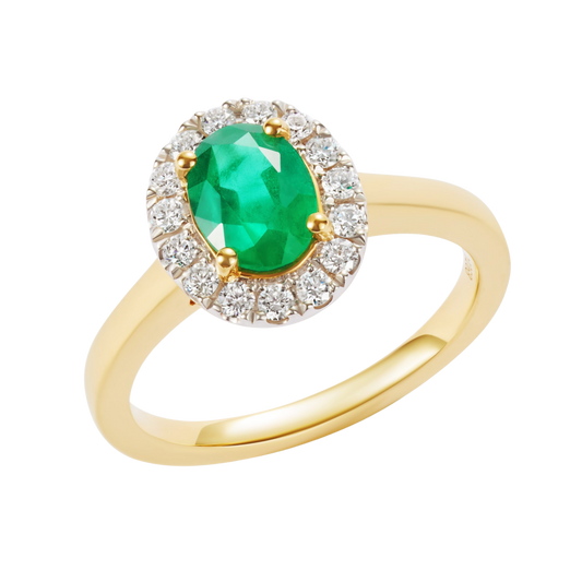 Emerald and Diamond Cluster Ring in 18ct Yellow Gold is a beautiful example of timeless fine jewellery design.