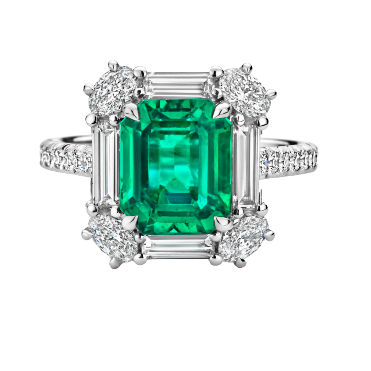 Emerald and Diamond Ring in 18ct White Gold on a Transparent Background 