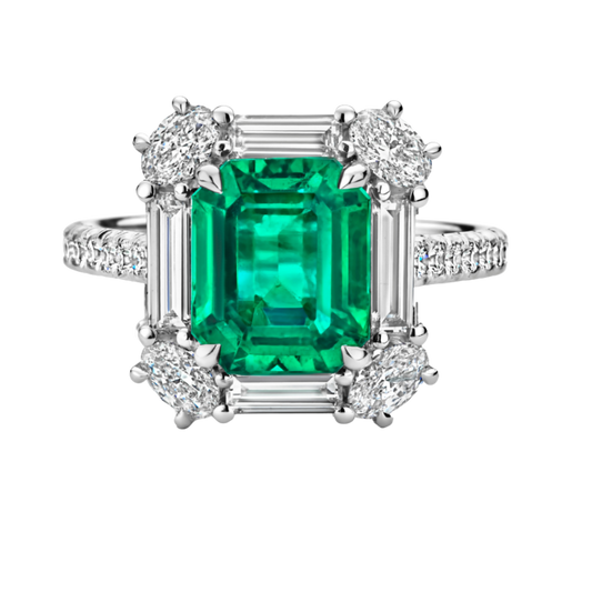 Emerald and Diamond Ring in 18ct White Gold on a Transparent Background 