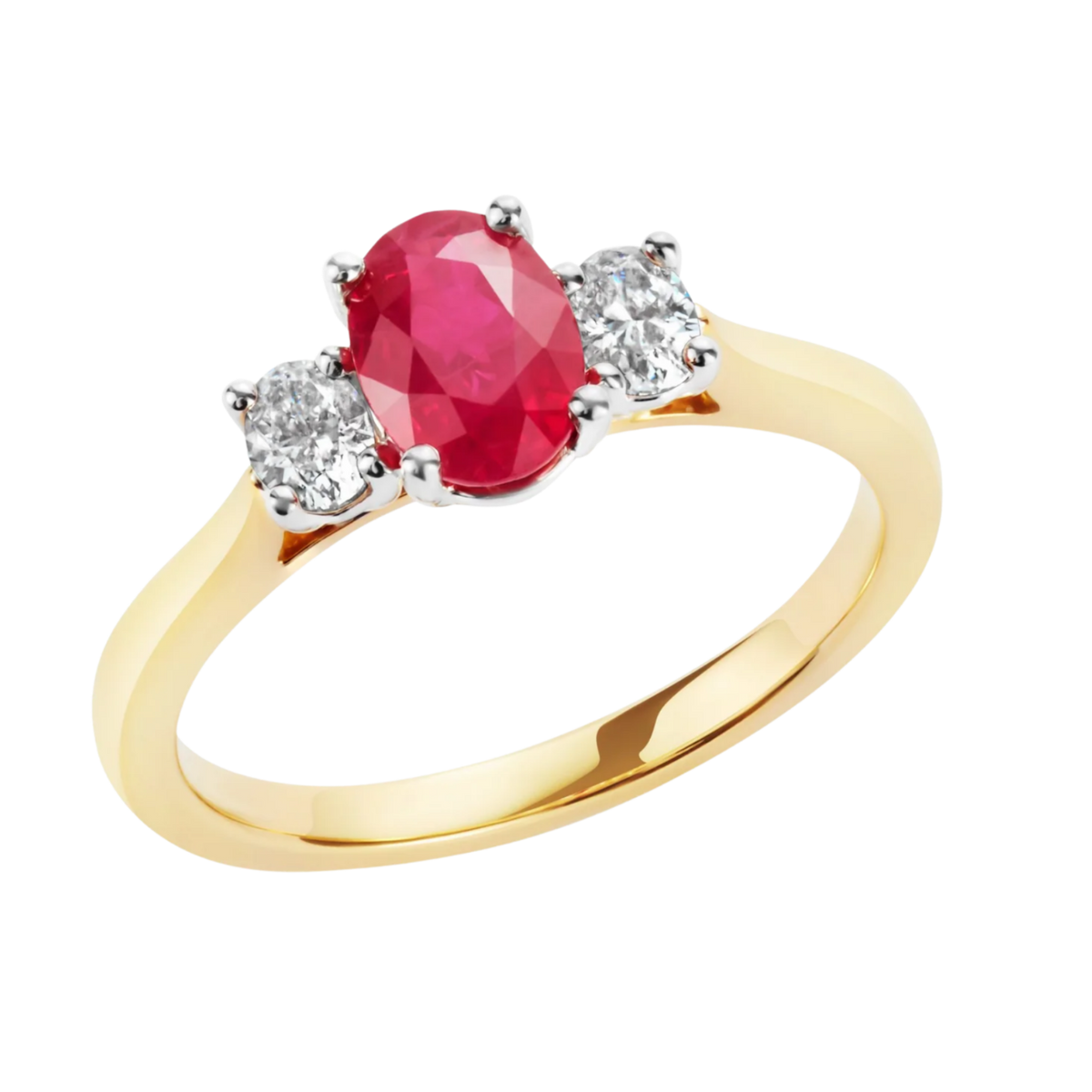 Ruby and Diamond Three Stone Ring in 18ct Yellow Gold
