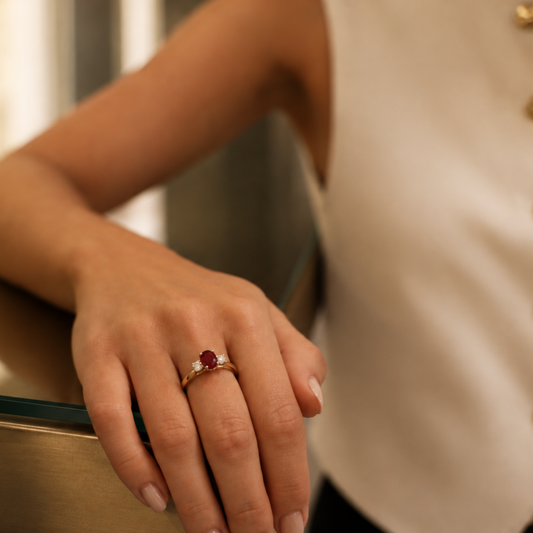 Ruby and Diamond Three Stone Ring in 18ct Yellow Gold on a Lister Horsfall Modal