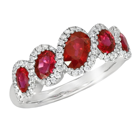 18ct White Gold Oval Ruby &amp; Diamond Cluster Ring showcases a stunning 1.58ct oval-cut ruby at its centre.