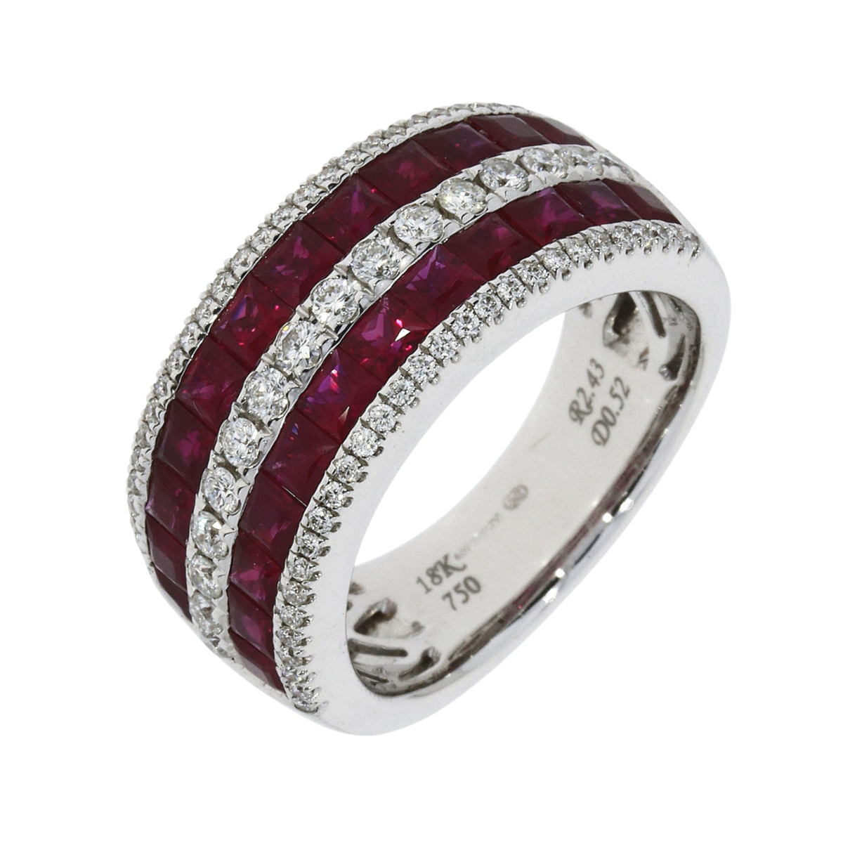 18ct White Gold Five Row Ruby & Diamond Ring On A Transparent Background