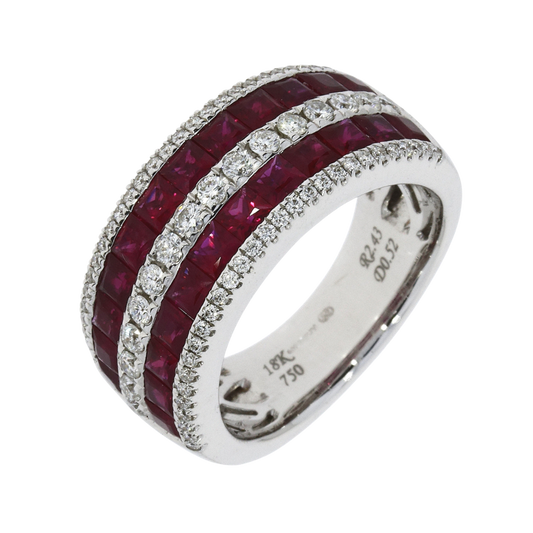 18ct White Gold Five Row Ruby & Diamond Ring On A Transparent Background