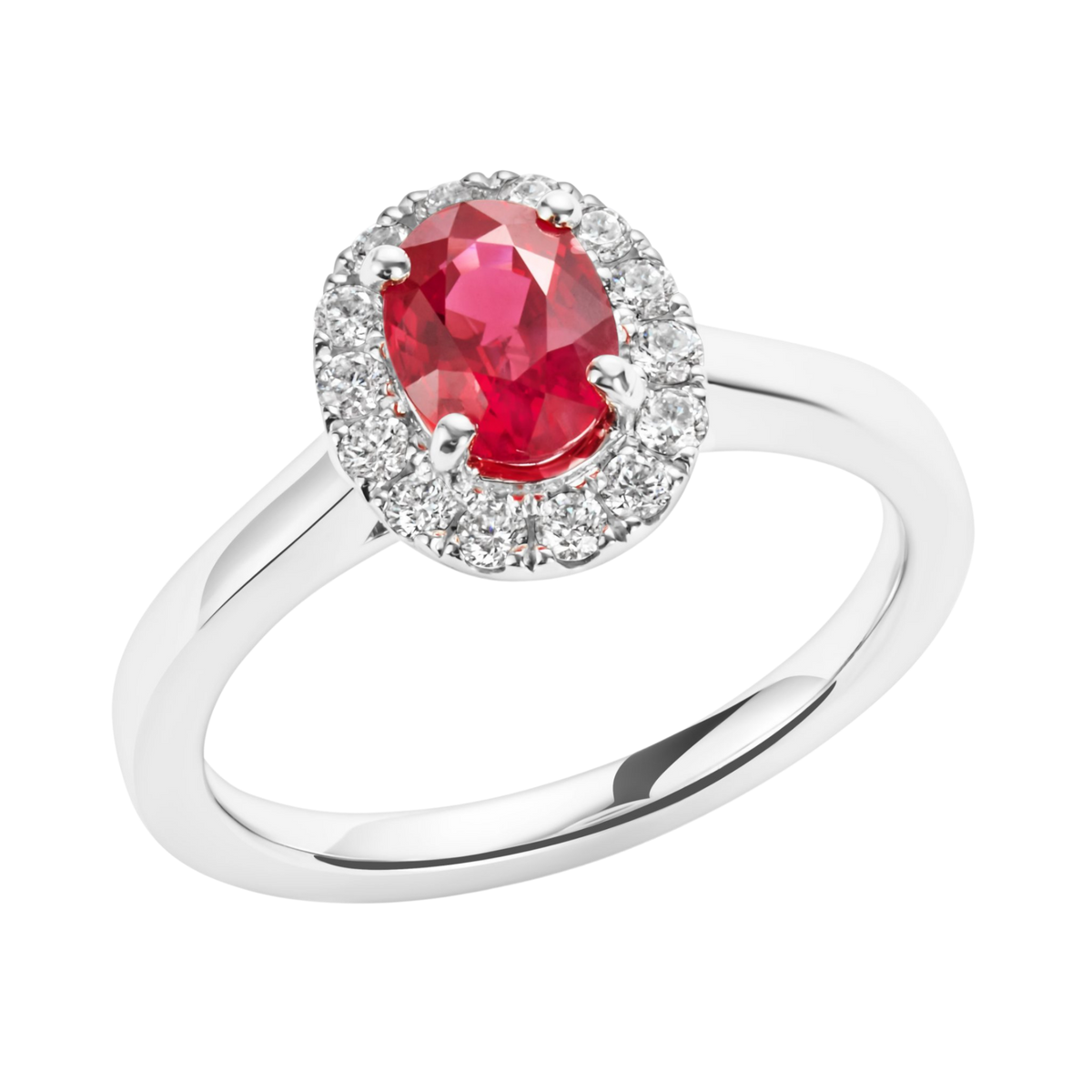 Oval Cut Ruby and Diamond Cluster Ring in Platinum On a Transparent Background