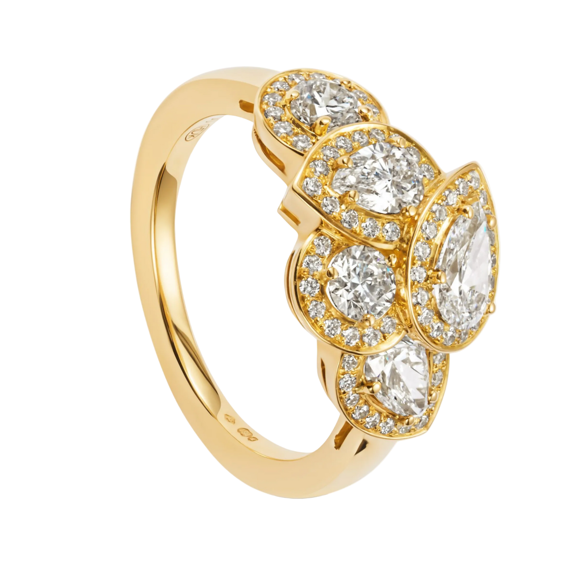 Pear Cut Cluster Ring in 18ct Yellow Gold featuring a floral-inspired cluster of pear-shaped and round brilliant-cut diamonds.