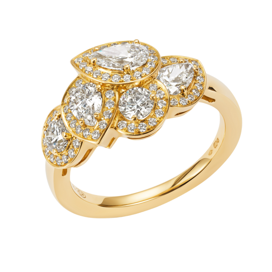 Pear Cut Cluster Ring in 18ct Yellow Gold featuring a floral-inspired cluster of pear-shaped and round brilliant-cut diamonds.