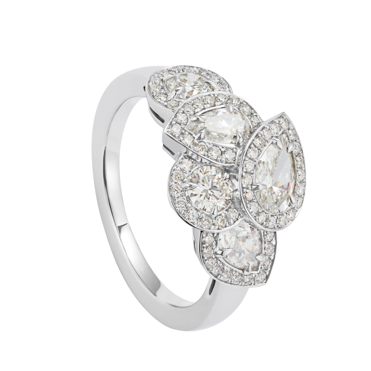 Pear Cut Diamond Cluster Ring in 18ct White Gold is a striking celebration of exceptional craftsmanship and contemporary fine jewellery design. 