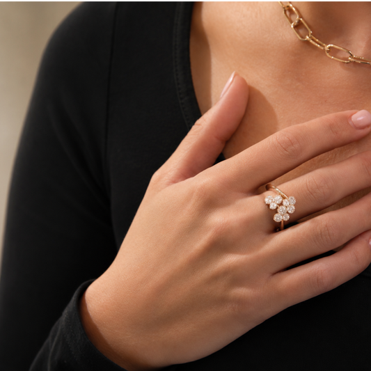 Diamond Cluster Ring in 18ct Yellow Gold On A Models Finger