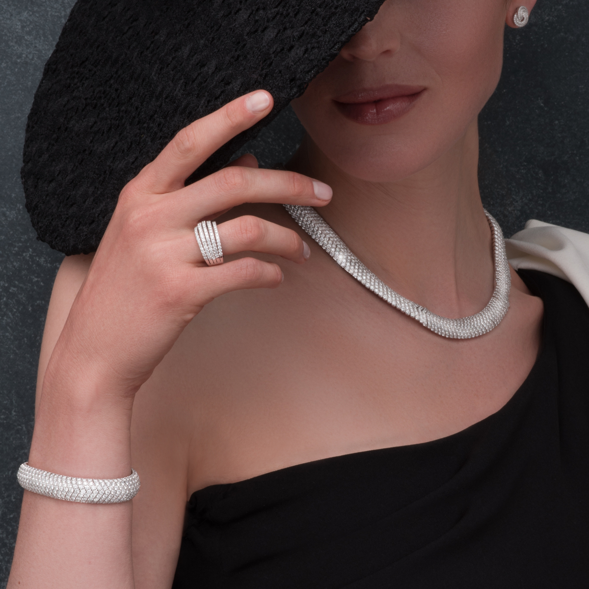 Five Row Brilliant Cut Diamond Dress Ring in 18ct White Gold on a model 