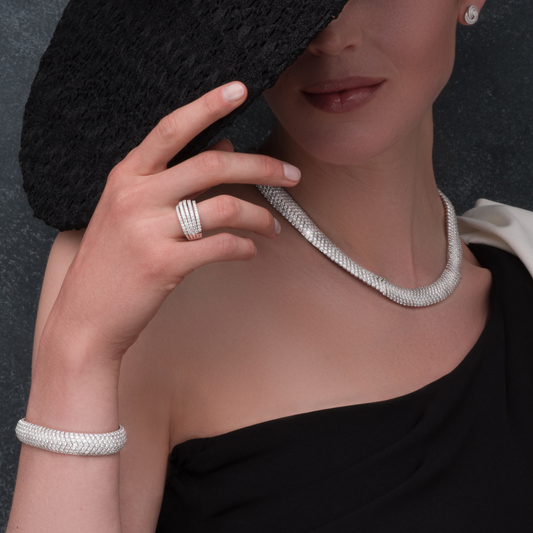 Five Row Brilliant Cut Diamond Dress Ring in 18ct White Gold on a model 
