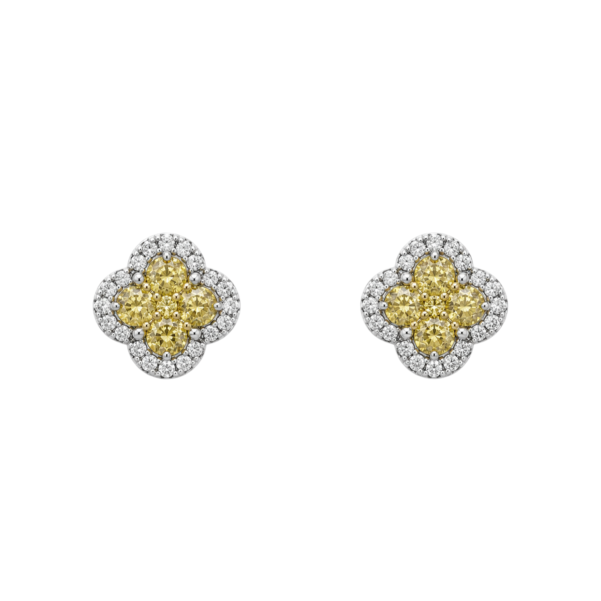 18ct white gold clover diamond cluster earrings featuring 0.80ct of oval cut yellow diamonds surrounded by 0.19ct of round brilliant cut white diamonds