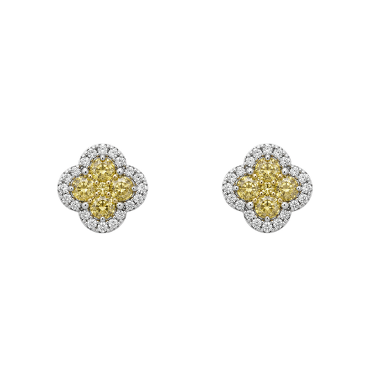 18ct white gold clover diamond cluster earrings featuring 0.80ct of oval cut yellow diamonds surrounded by 0.19ct of round brilliant cut white diamonds