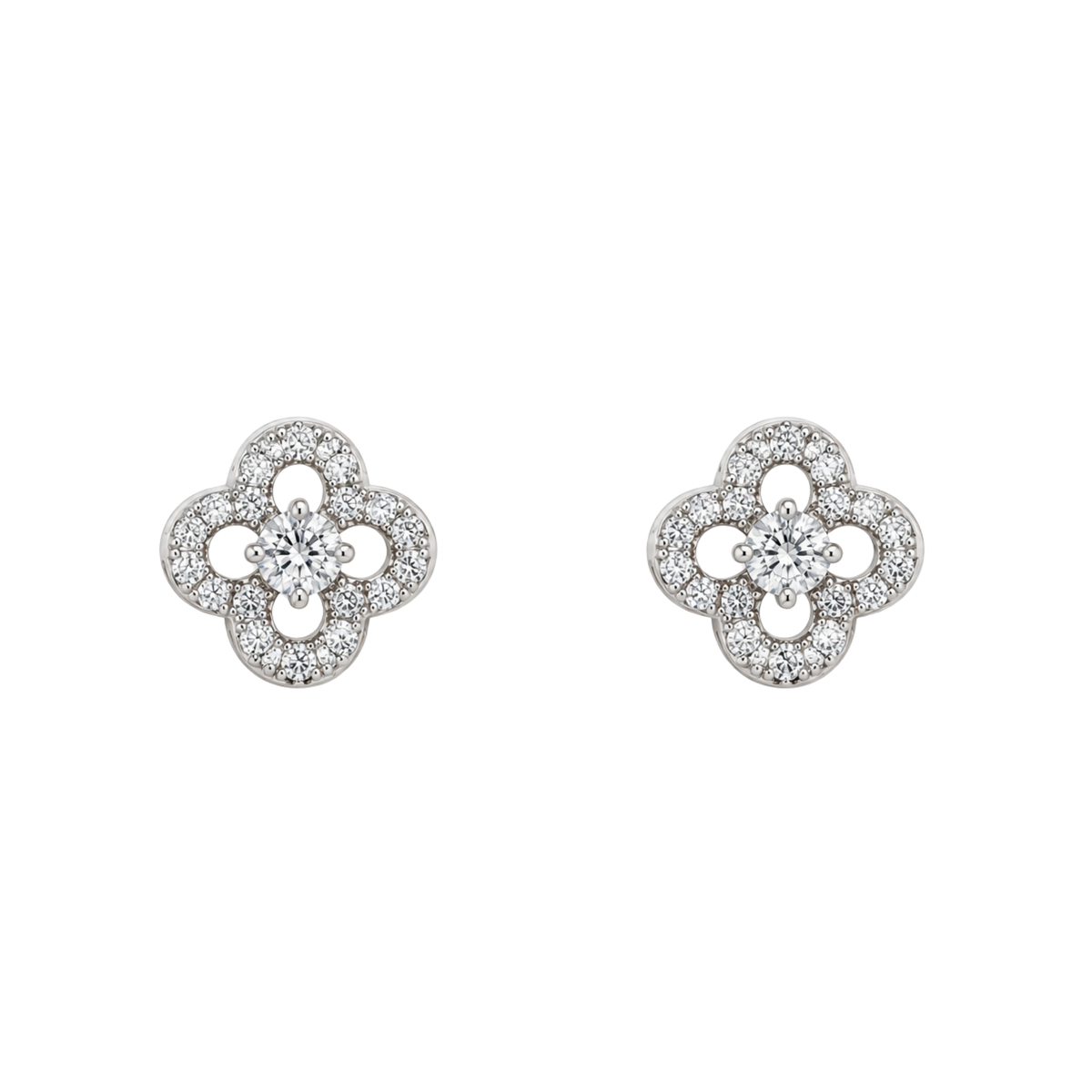 18ct white gold diamond clover stud earrings featuring 0.57ct of round brilliant cut diamonds in an elegant floral cluster design