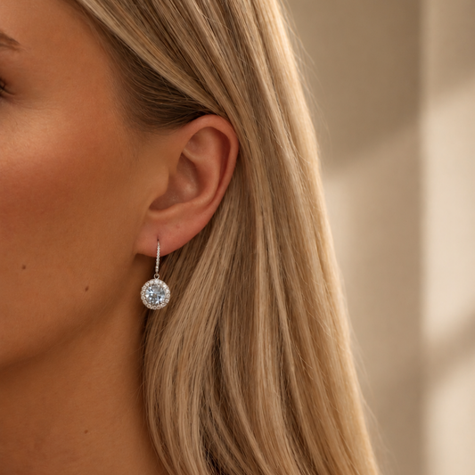 Blue Topaz Drop Earrings in 18ct White Gold on a Lister Horsfall Modal 