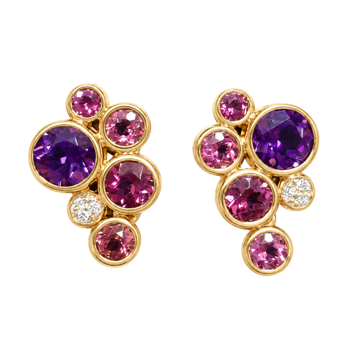 Amethyst, Pink Tourmaline, Rhodolite Garnet and Diamond Bubble Earrings in 18ct Rose Gold