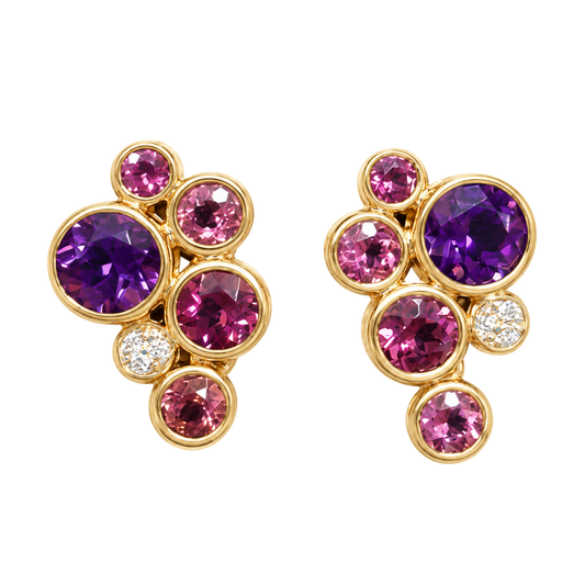 Amethyst, Pink Tourmaline, Rhodolite Garnet and Diamond Bubble Earrings in 18ct Rose Gold