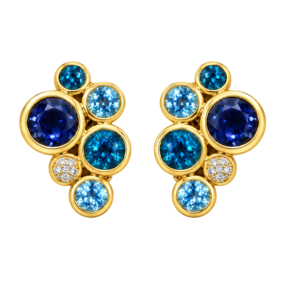 Iolite, Blue Topaz, London Blue Topaz and Diamond Bubble Earrings in 18ct Yellow Gold