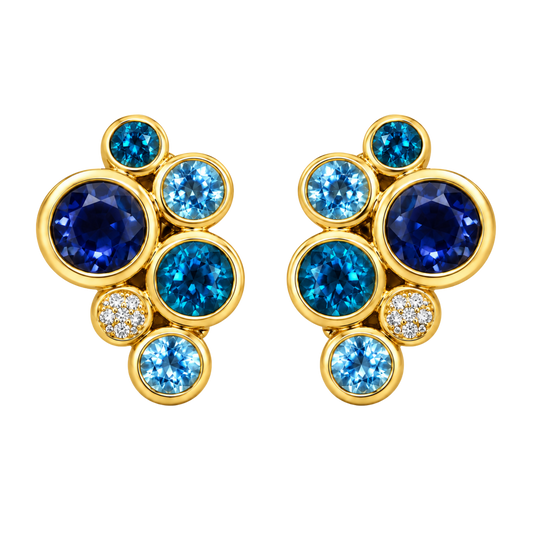 Iolite, Blue Topaz, London Blue Topaz and Diamond Bubble Earrings in 18ct Yellow Gold